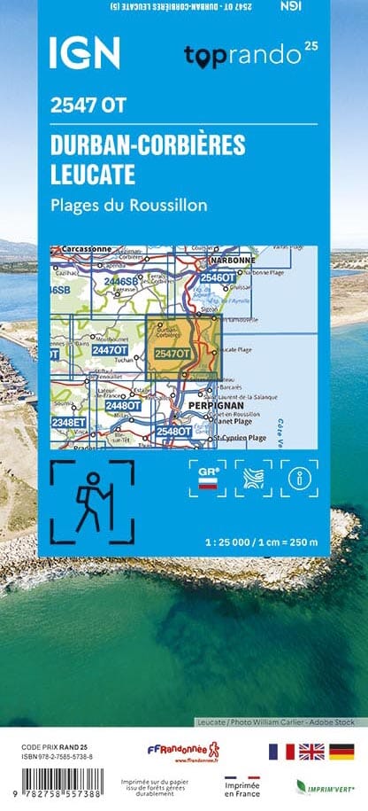 Carte TOP 25 n° 2547 OT - Durban-Corbières, Leucate, Plages du Roussillon | IGN carte de randonnée IGN 