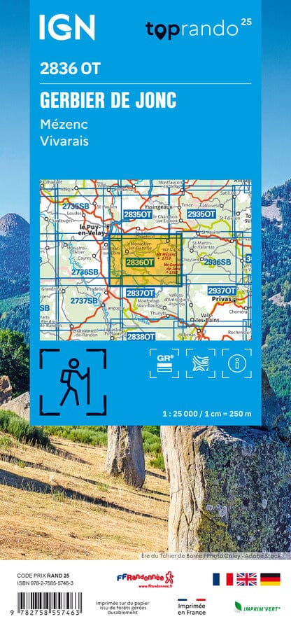 Carte TOP 25 n° 2836 OT - Gerbier de Jonc, Mézenc, Vivarais | IGN carte de randonnée IGN