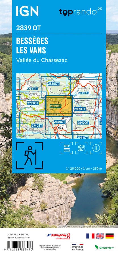 Carte TOP 25 n° 2839 OT - Bessèges, Les Vans, Vallée du Chassezac | IGN carte de randonnée IGN