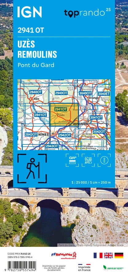 Carte TOP 25 n° 2941 OT - Uzès, Remoulins, Pont du Gard | IGN carte de randonnée IGN