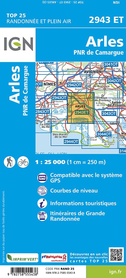 Carte TOP 25 n° 2943 ET - Arles & PNR de Camargue | IGN carte de randonnée IGN