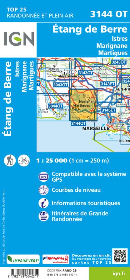 Carte TOP 25 n° 3144 OT - Étang de Berre, Istres, Marignane, Martigues | IGN carte de randonnée IGN