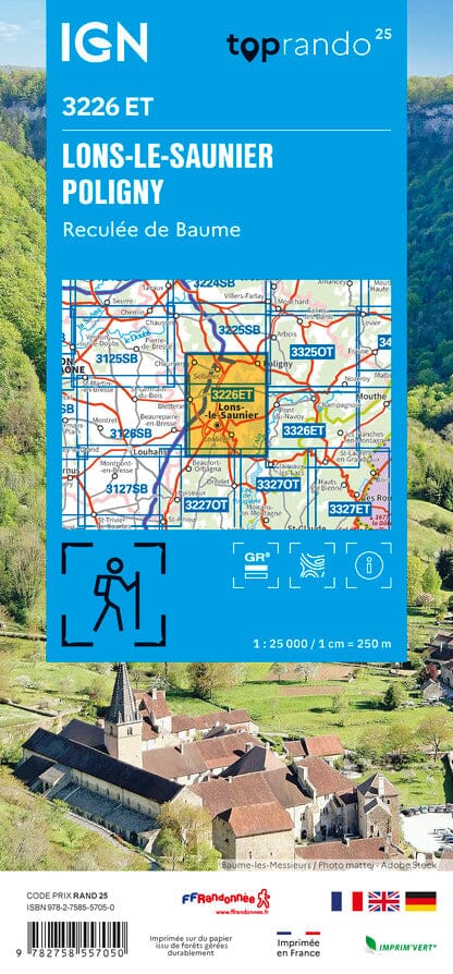 Carte TOP 25 n° 3226 ET - Lons-le-Saunier, Poligny, Reculée de Baume | IGN carte pliée IGN 
