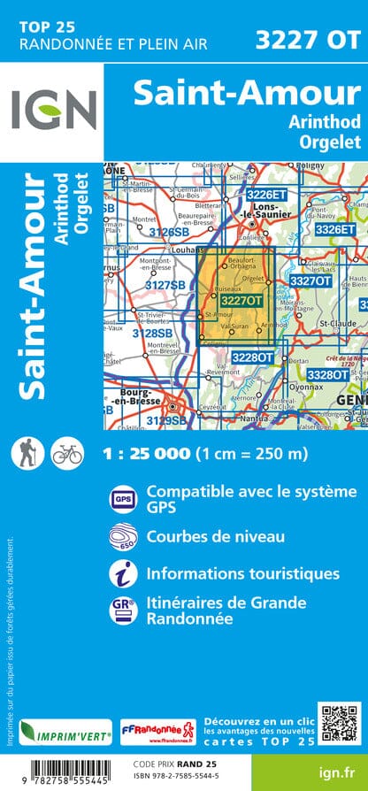 Carte TOP 25 n° 3227 OT - St-Amour, Arinthod, Orgelet | IGN carte de randonnée IGN