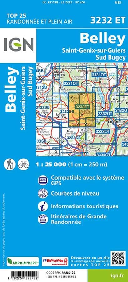 Carte TOP 25 n° 3232 ET - Belley, Saint-Genix-sur-Guiers & Sud Bugey | IGN carte de randonnée IGN