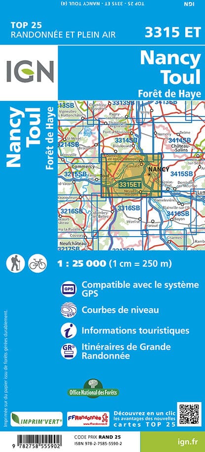 Carte TOP 25 n° 3315 ET - Nancy, Toul & Forêt de Haye | IGN carte de randonnée IGN