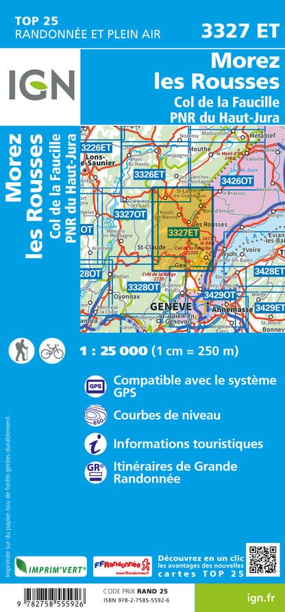 Carte TOP 25 n° 3327 ET - Morez, les Rousses & Col de la Faucille (PNR du Haut Jura) | IGN carte de randonnée IGN