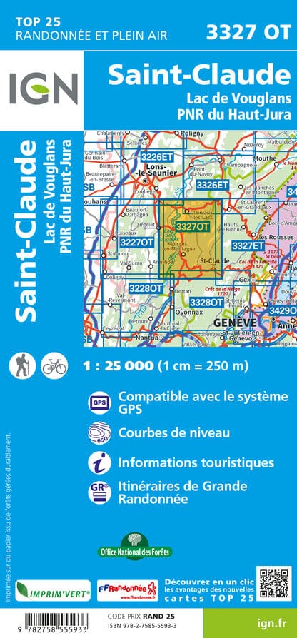 Carte TOP 25 n° 3327 OT - St-Claude & lac de Vouglans (PNR du Haut Jura) | IGN carte de randonnée IGN