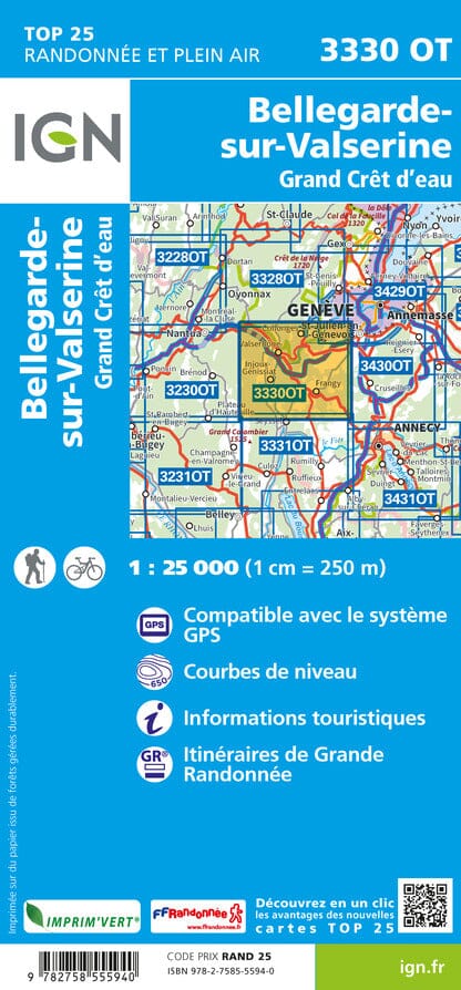 Carte TOP 25 n° 3330 OT - Bellegard-sur-Valserine, Grand Crêt d'eau (Alpes) | IGN carte de randonnée IGN