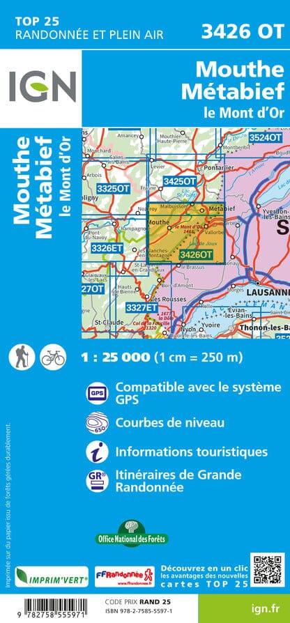 Carte TOP 25 n° 3426 OT - Mouthe, Métabief, Le Mont d'Or | IGN carte de randonnée IGN