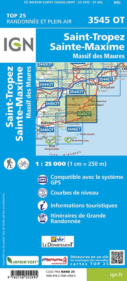Carte TOP 25 n° 3545 OT - Saint-Tropez, Sainte-Maxime & Massif des Maures | IGN carte de randonnée IGN