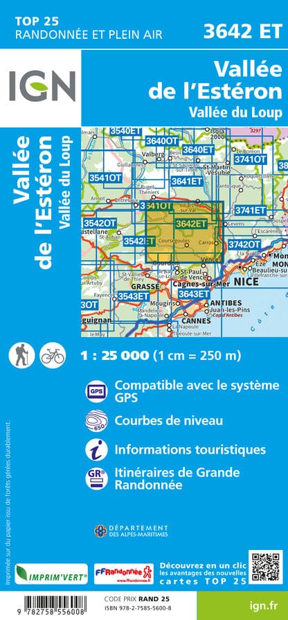 Carte TOP 25 n° 3642 ET - Vallée de l'Estéron & Vallée du Loup | IGN carte de randonnée IGN