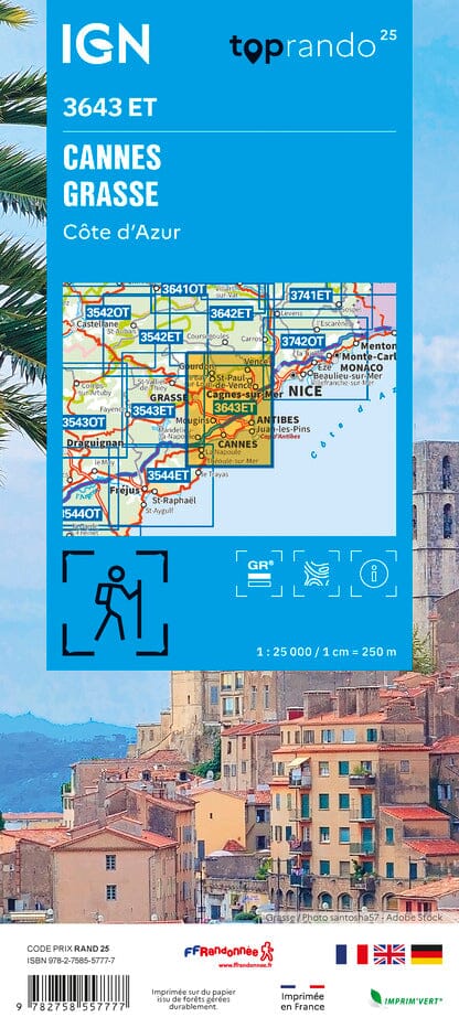 Carte TOP 25 n° 3643 ET - Cannes, Grasse & Côte d'Azur | IGN carte de randonnée IGN