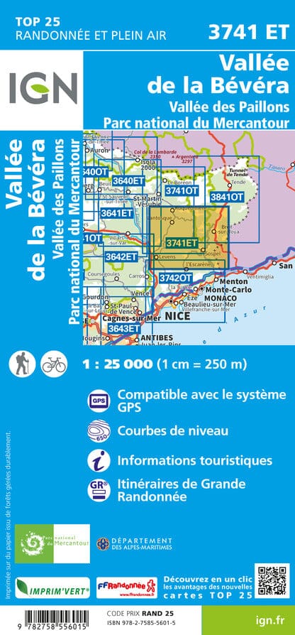 Carte TOP 25 n° 3741 ET - Vallée de la Bévéra, Vallée des Paillons, Parc national du Mercantour | IGN carte pliée IGN 