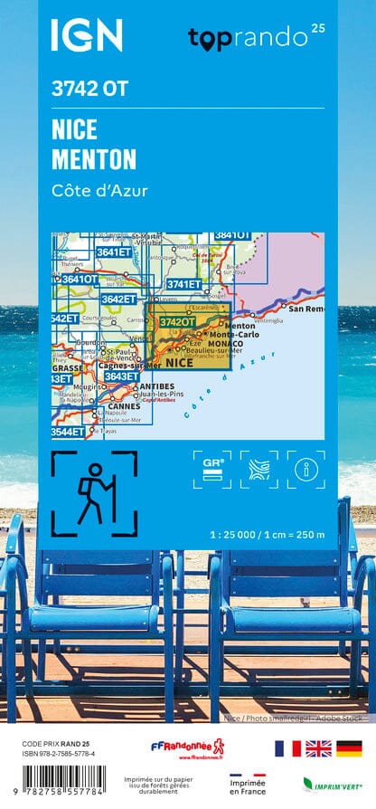 Carte TOP 25 n° 3742 OT - Nice, Menton (Côte d'Azur) | IGN carte de randonnée IGN