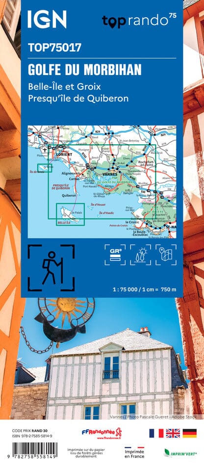 Carte TOP 75 n° 17 - Golfe du Morbihan, Belle-Ile et Groix, Presqu'île de Quiberon | IGN carte de randonnée IGN 
