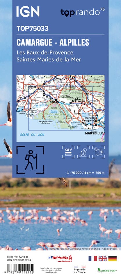Carte TOP 75 n° 33 - Camargue & Alpilles, Les Baux-de-Provence, Saintes-Maries-de-la-Mer | IGN carte de randonnée IGN 