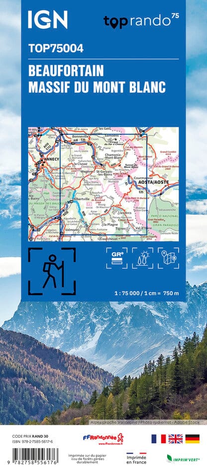 Carte TOP 75 n° 4 - Beaufortain et Massif du Mont Blanc | IGN carte de randonnée IGN
