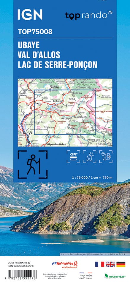Carte TOP 75 n° 8 - Ubaye, Val d'Allos & lac de Serre-Ponçon (Alpes) | IGN carte de randonnée IGN