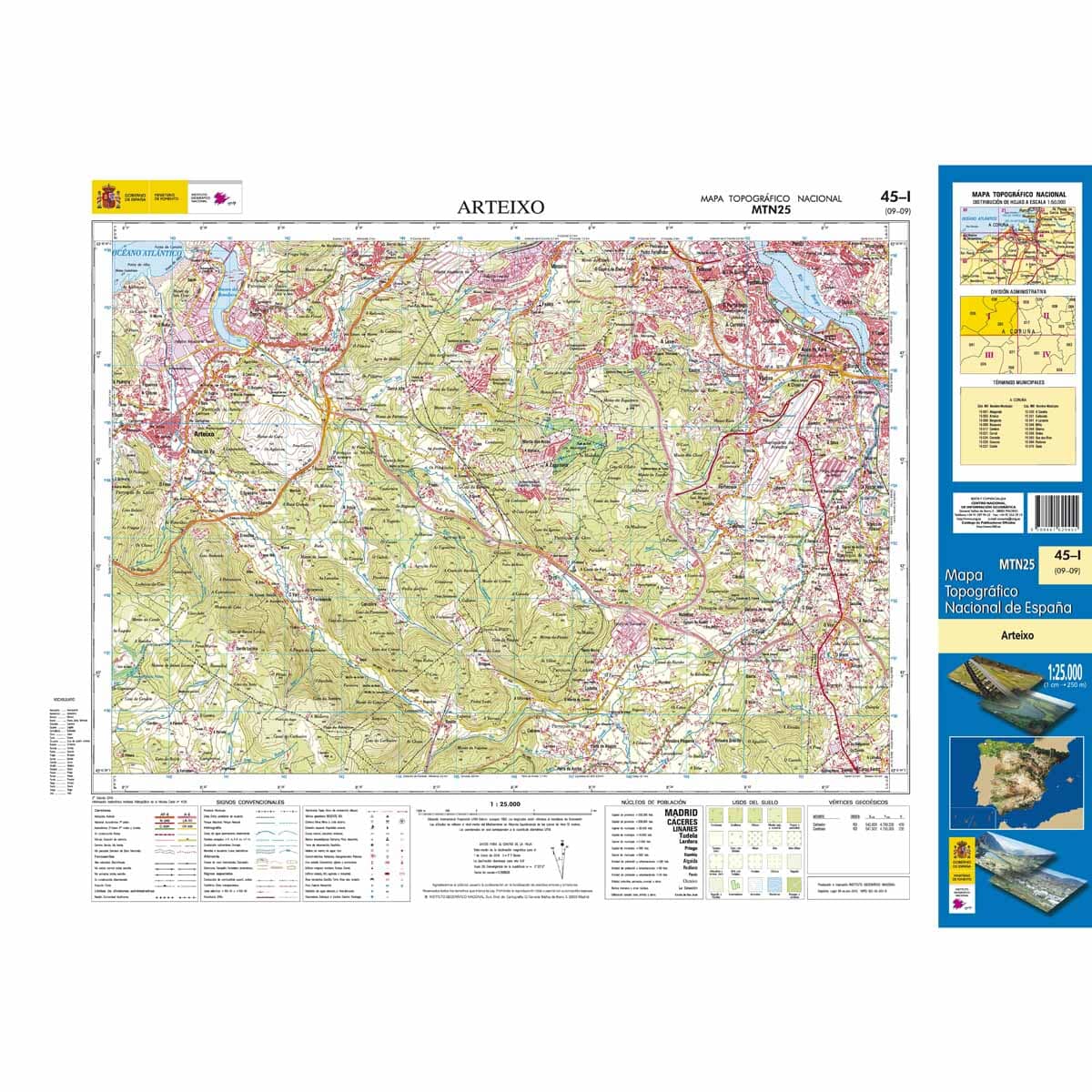 Carte topographique de l'Espagne n° 0045.1 - Arteixo | CNIG - 1/25 000 carte de randonnée CNIG