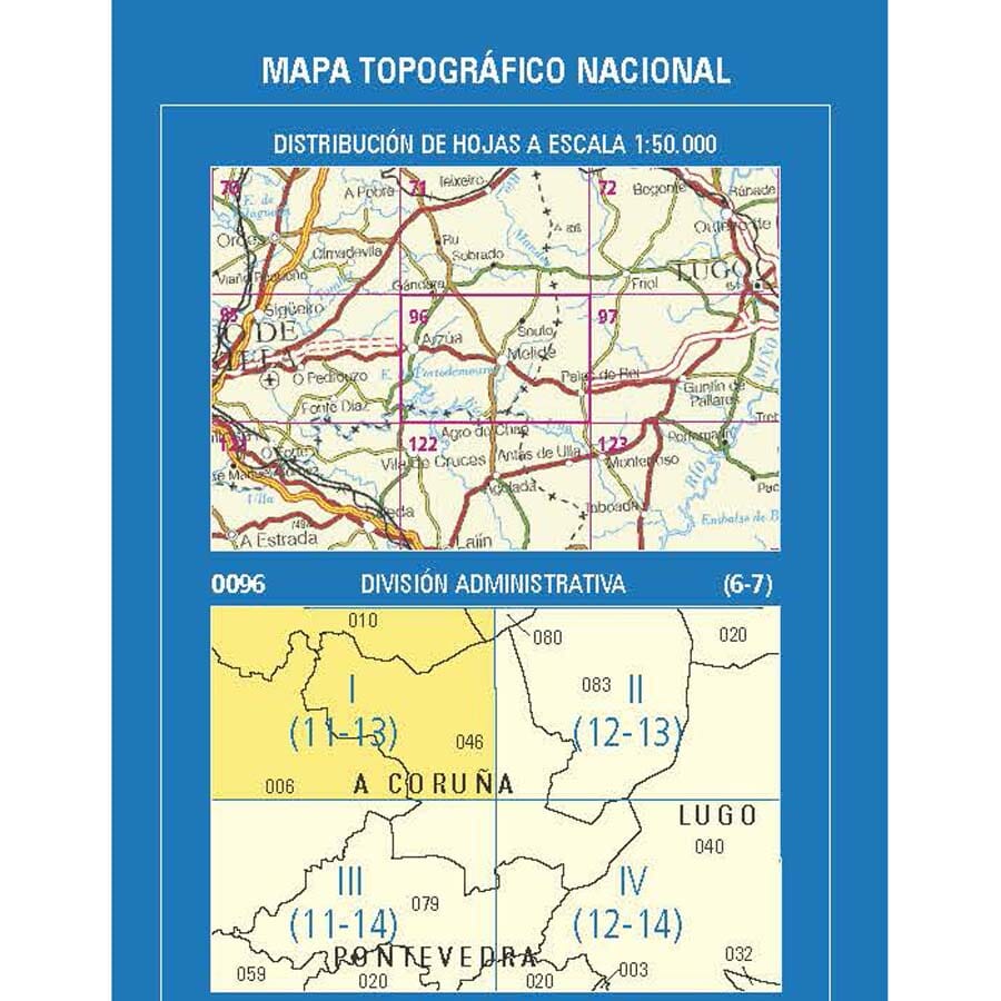 Carte topographique de l'Espagne n° 0096.1 - Arzúa | CNIG - 1/25 000 carte de randonnée CNIG