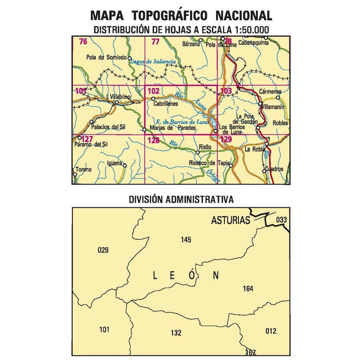 Carte topographique de l'Espagne n° 0102 - Los Barrios de Luna | CNIG - 1/50 000 carte pliée CNIG 