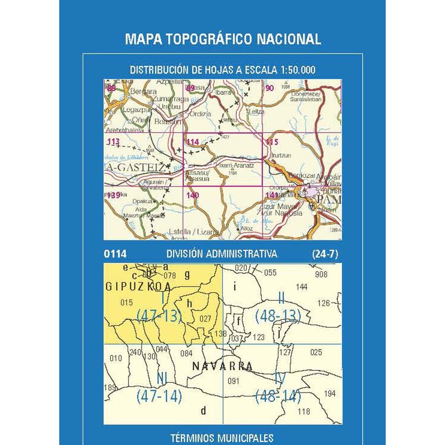 Carte topographique de l'Espagne n° 0114.1 - Lakuntza | CNIG - 1/25 000 carte de randonnée CNIG