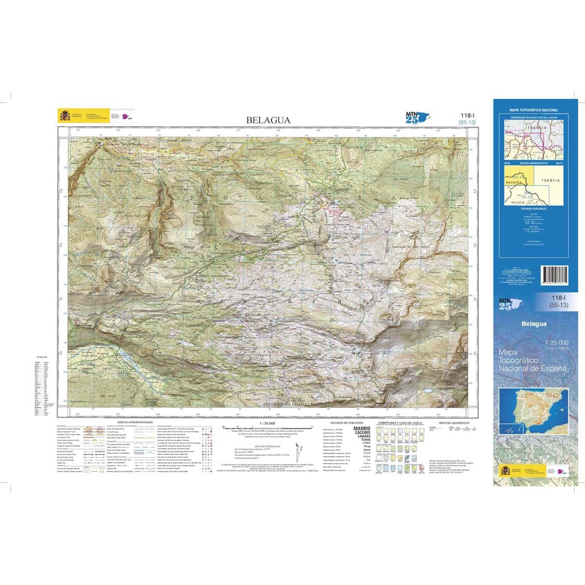 Carte topographique de l'Espagne n° 0118.1 - Belagua | CNIG - 1/25 000 carte de randonnée CNIG 