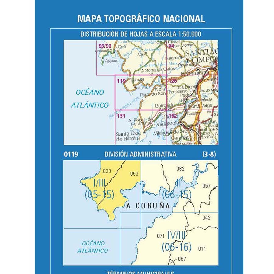 Carte topographique de l'Espagne n° 0119.1/3 - Muros | CNIG - 1/25 000 carte de randonnée CNIG