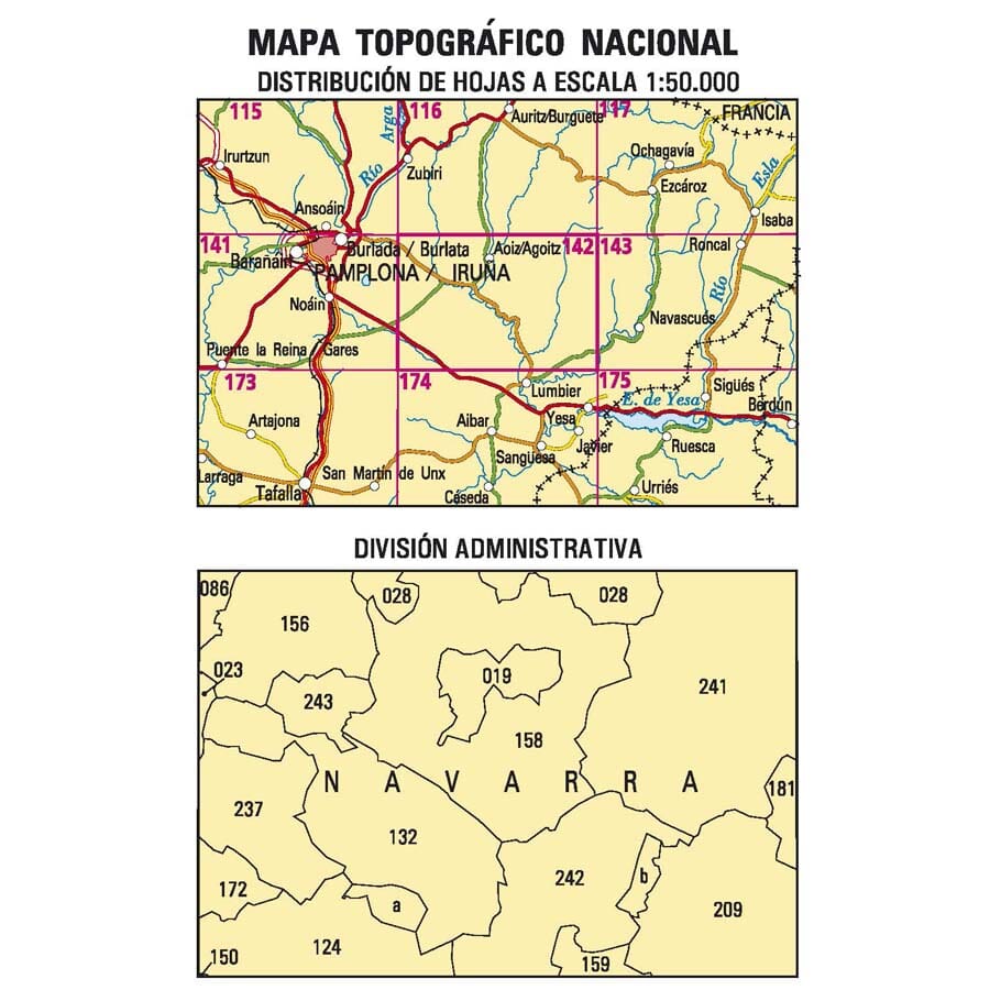 Carte topographique de l'Espagne n° 0142 - Aoiz / Agoitz | CNIG - 1/50 000 carte de randonnée CNIG 