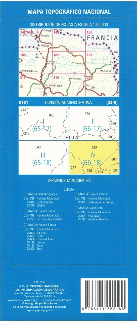 Carte topographique de l'Espagne n° 0181.4 - Espot | CNIG - 1/25 000 carte de randonnée CNIG 