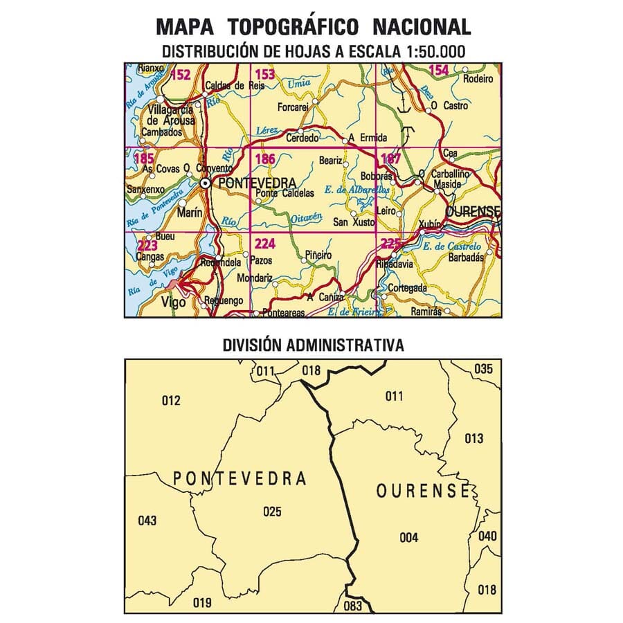 Carte topographique de l'Espagne n° 0186 - Ponte Caldelas | CNIG - 1/50 000 carte de randonnée CNIG