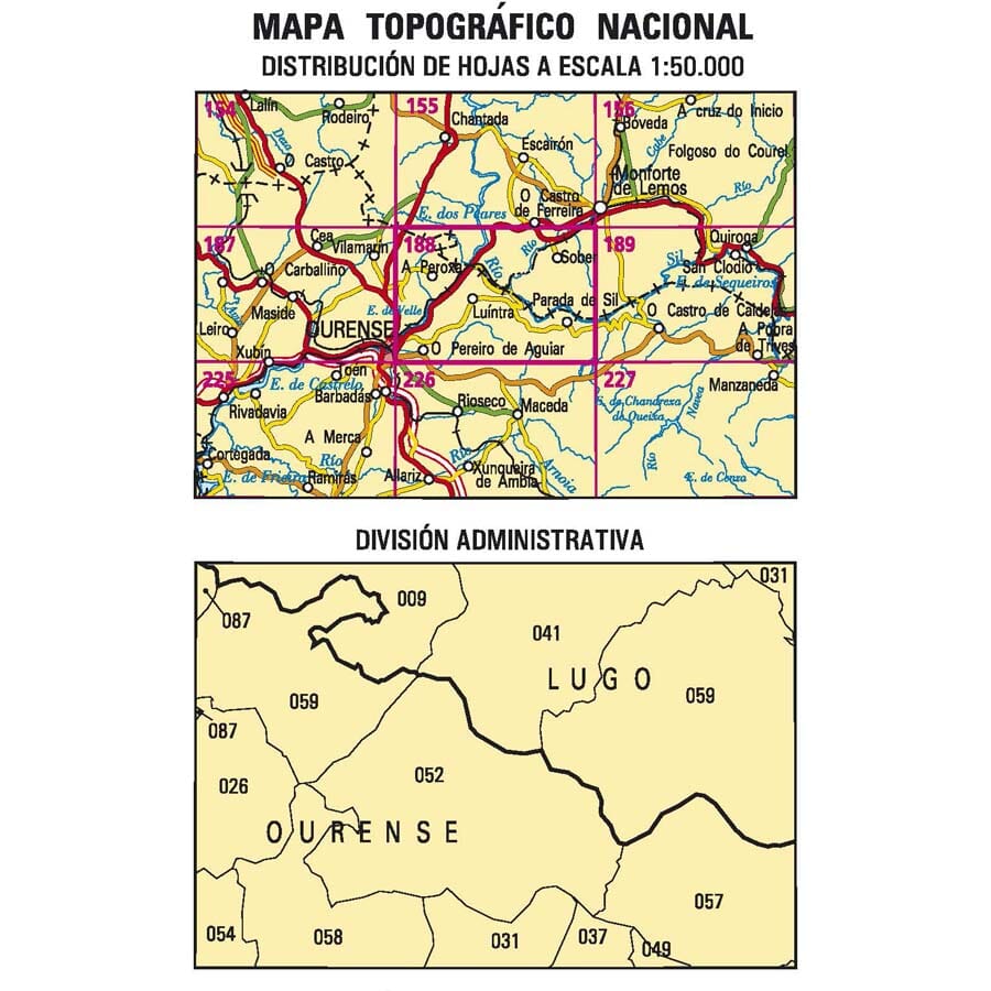 Carte topographique de l'Espagne n° 0188 - Nogueira de Ramuín | CNIG - 1/50 000 carte de randonnée CNIG