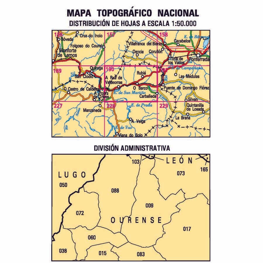 Carte topographique de l'Espagne n° 0190 - O Barco | CNIG - 1/50 000 carte de randonnée CNIG