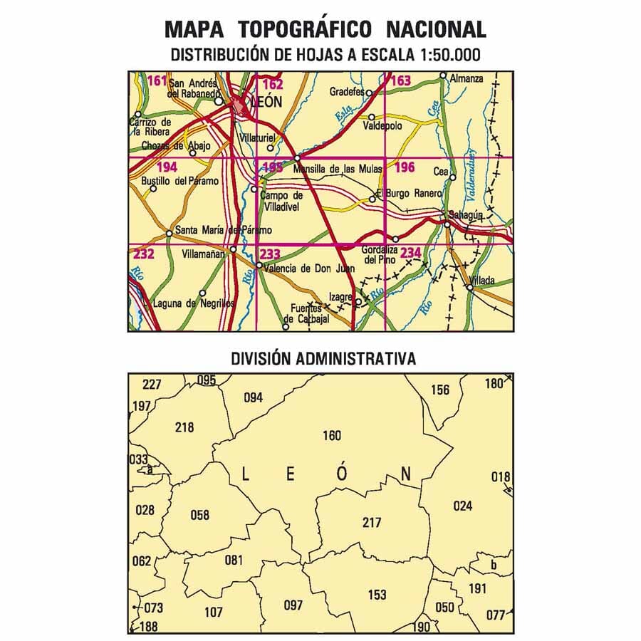 Carte topographique de l'Espagne n° 0195 - Mansilla de las Mulas | CNIG - 1/50 000 carte de randonnée CNIG