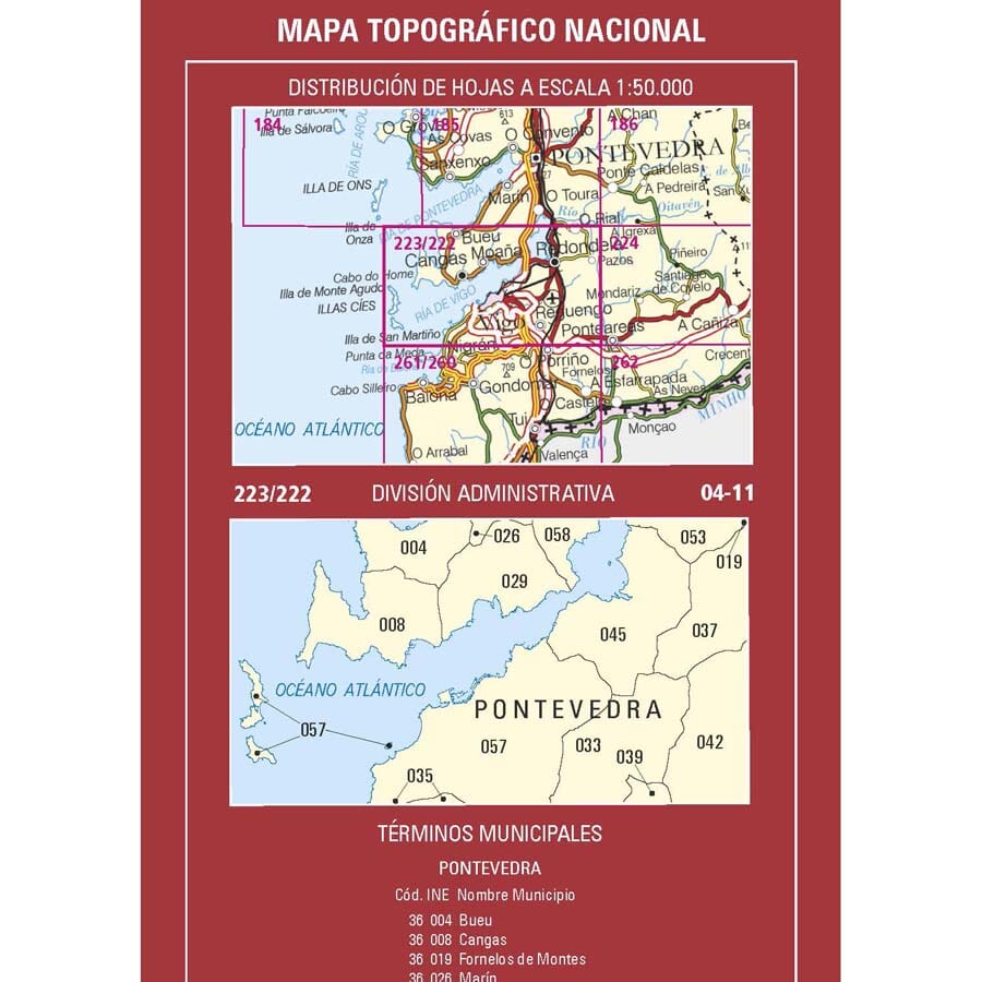 Carte topographique de l'Espagne n° 0222/0223 - Vigo | CNIG - 1/50 000 carte de randonnée CNIG 