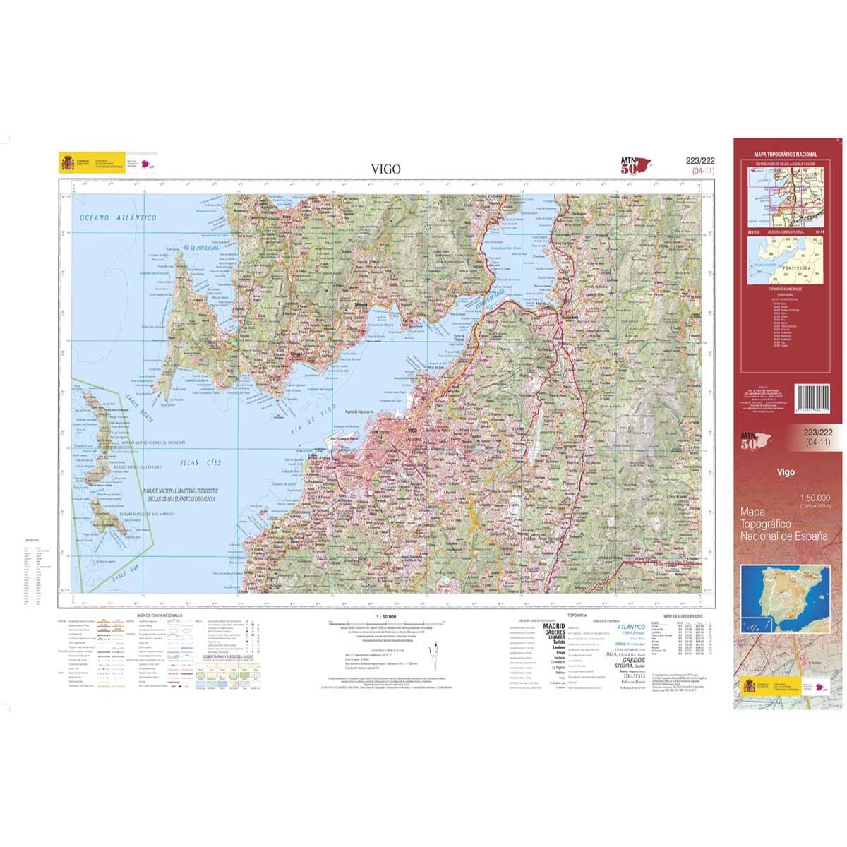Carte topographique de l'Espagne n° 0222/0223 - Vigo | CNIG - 1/50 000 carte de randonnée CNIG 