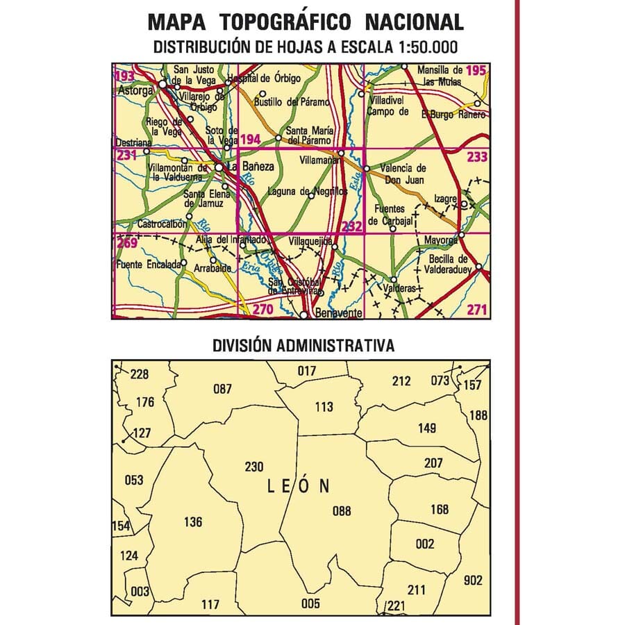 Carte topographique de l'Espagne n° 0232 - Villamañán | CNIG - 1/50 000 carte de randonnée CNIG