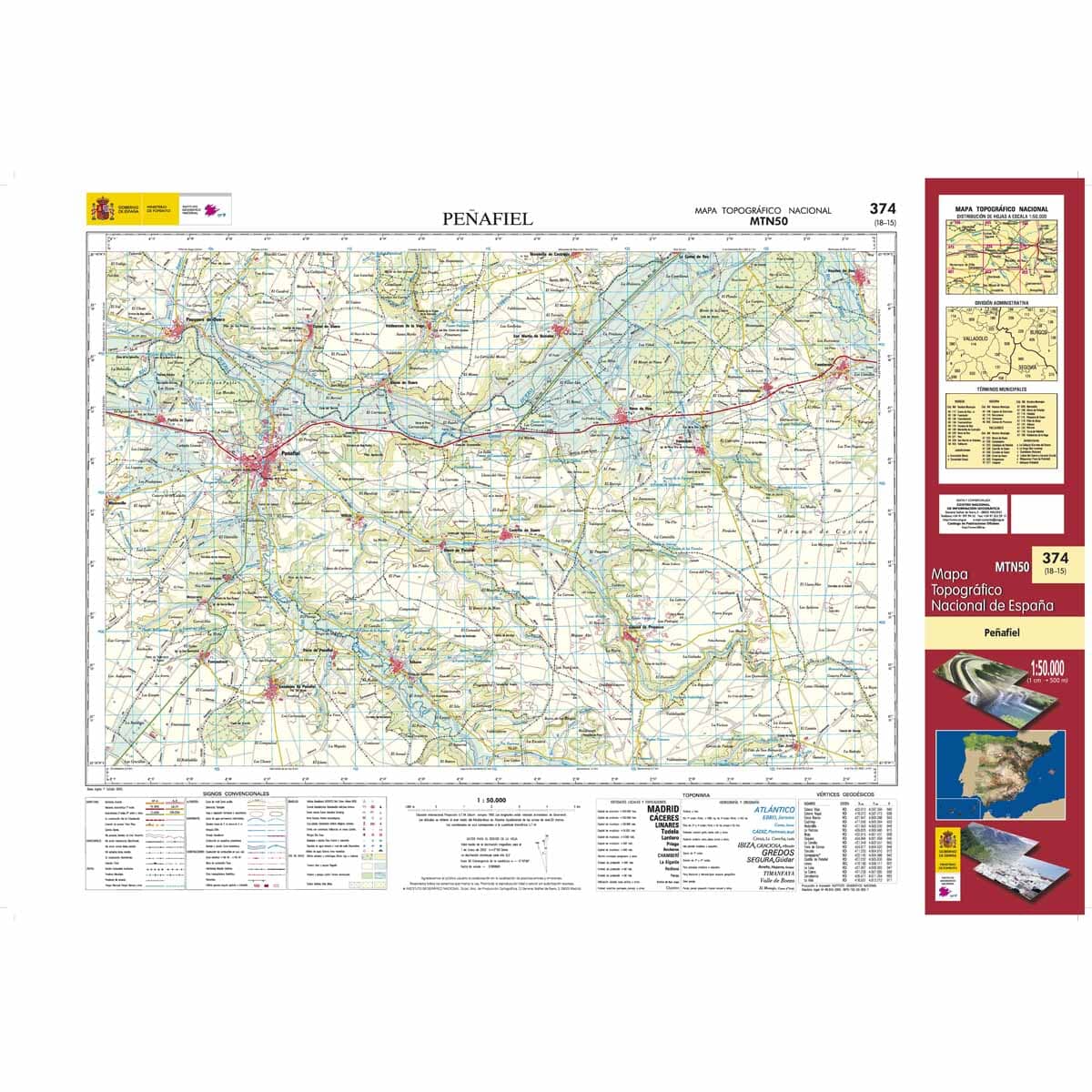 Carte topographique de l'Espagne n° 0374 - Peñafiel | CNIG - 1/50 000 carte de randonnée CNIG