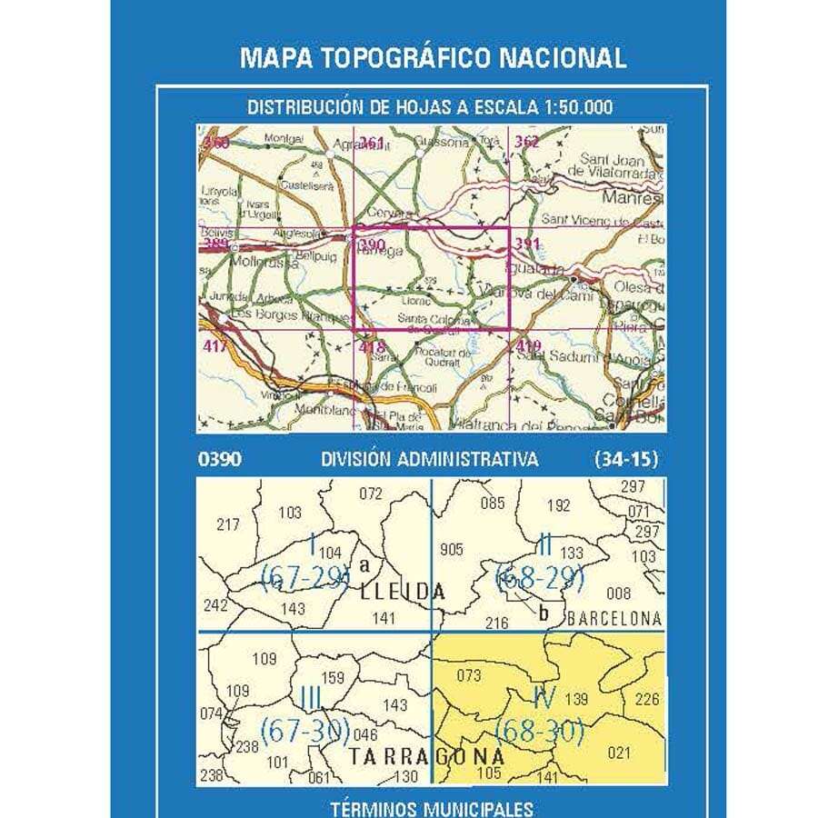 Carte topographique de l'Espagne n° 0390.4 - Santa Coloma de Queralt | CNIG - 1/25 000 carte de randonnée CNIG