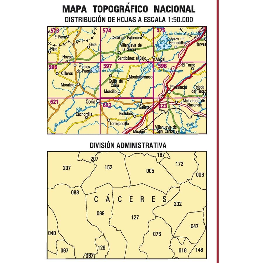 Carte topographique de l'Espagne n° 0597 - Montehermoso | CNIG - 1/50 000 carte de randonnée CNIG