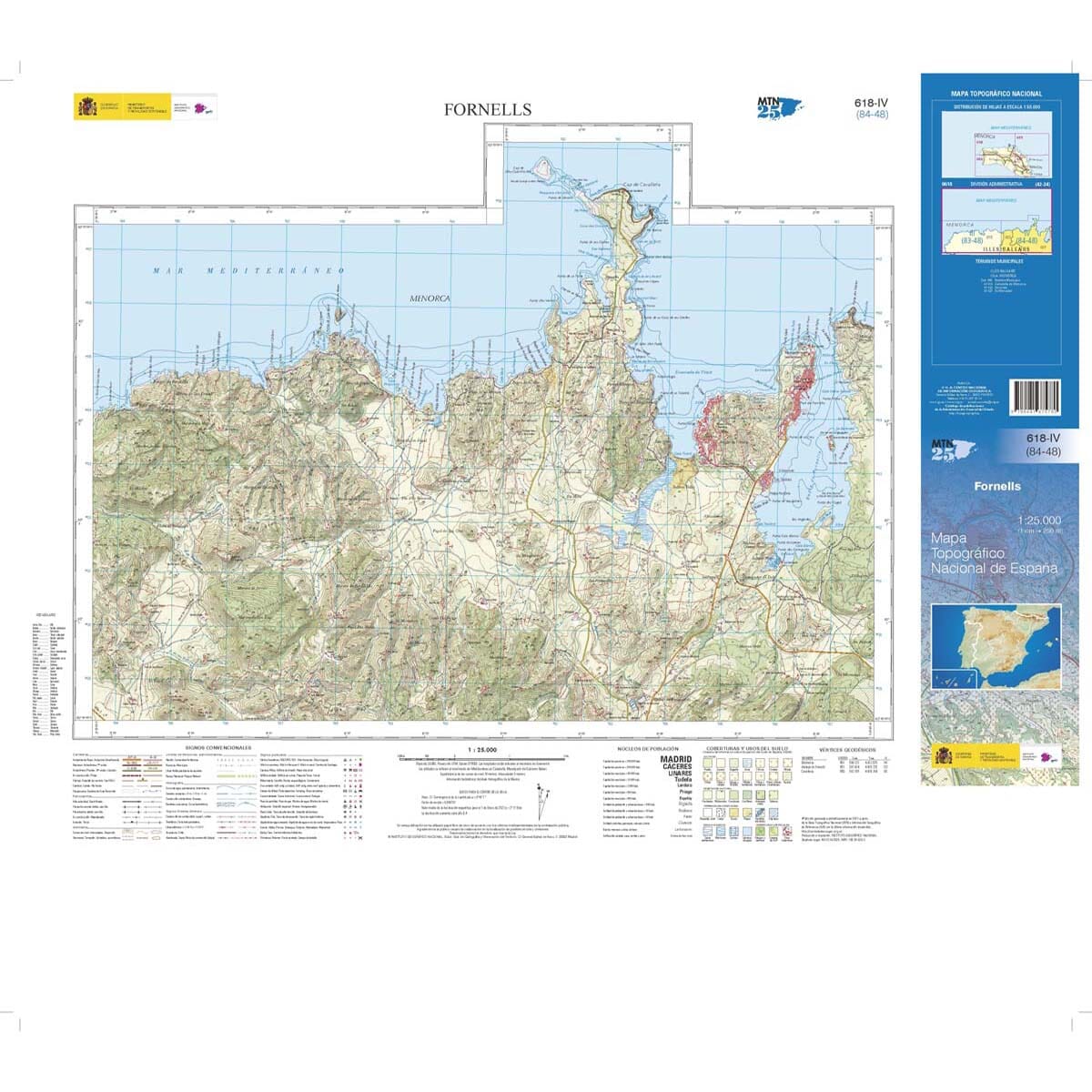 Carte topographique de l'Espagne n° 0618.4 - Fornells (Minorque) | CNIG - 1/25 000 carte de randonnée CNIG 