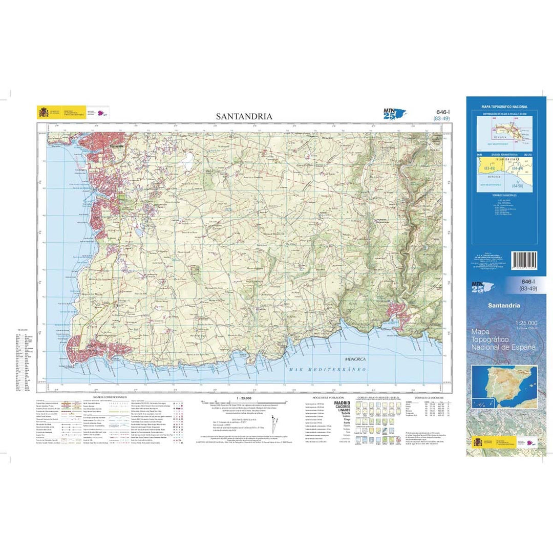 Carte topographique de l'Espagne n° 0646.1 - Santandria (Menorca) | CNIG - 1/25 000 carte de randonnée CNIG 