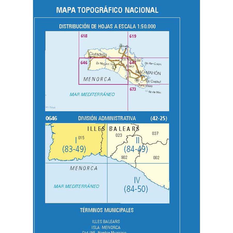 Carte topographique de l'Espagne n° 0646.1 - Santandria (Menorca) | CNIG - 1/25 000 carte de randonnée CNIG 