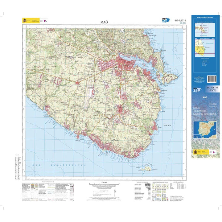 Carte topographique de l'Espagne n° 0647.3/673.1 - Maó-Mahón (Menorca) | CNIG - 1/25 000 carte de randonnée CNIG 