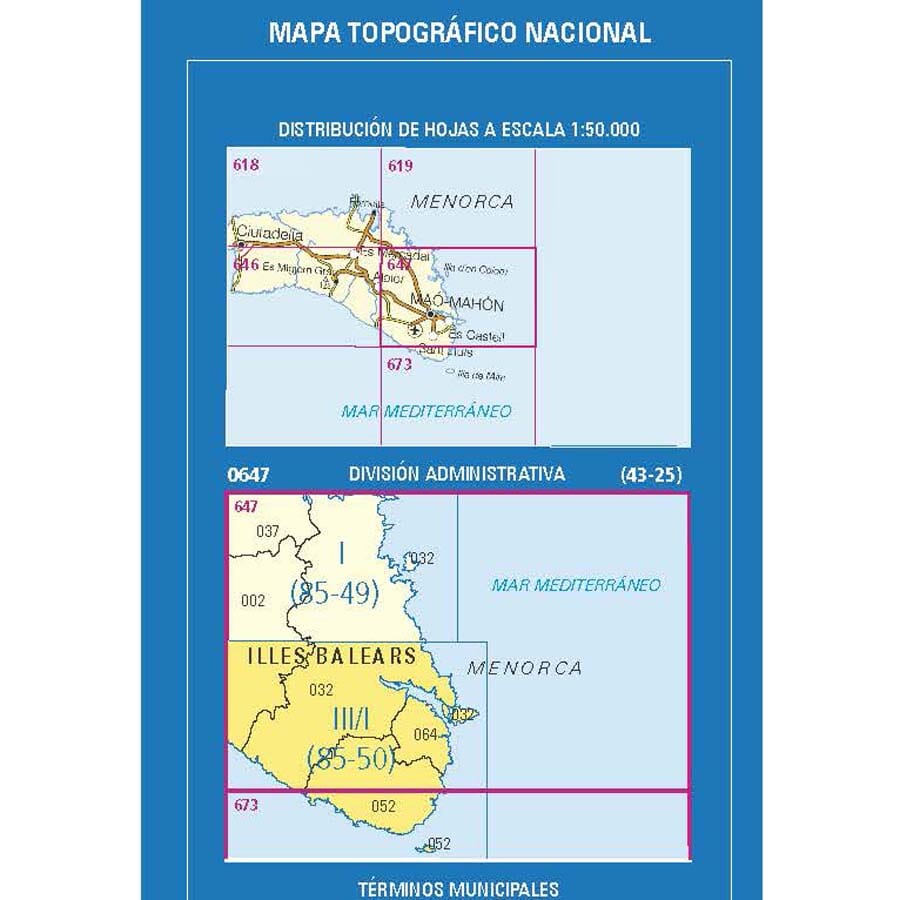 Carte topographique de l'Espagne n° 0647.3/673.1 - Maó-Mahón (Menorca) | CNIG - 1/25 000 carte de randonnée CNIG 