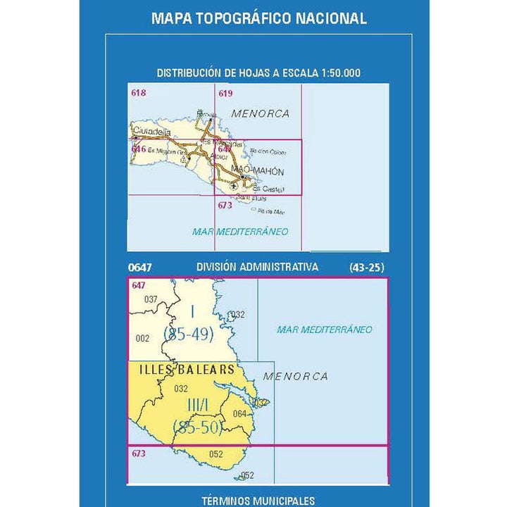 Carte topographique de l'Espagne n° 0647.3/673.1 - Maó-Mahón (Menorca) | CNIG - 1/25 000 carte de randonnée CNIG 