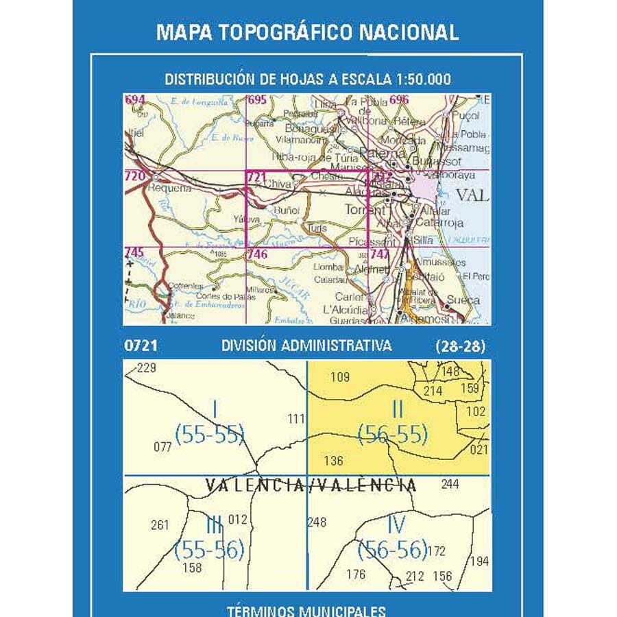 Carte topographique de l'Espagne n° 0721.2 - Cheste | CNIG - 1/25 000 carte de randonnée CNIG
