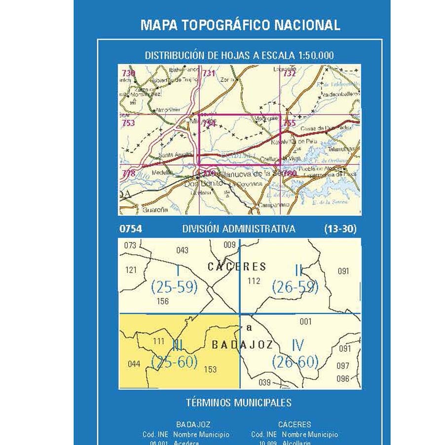 Carte topographique de l'Espagne n° 0754.3 - Villar de Rena | CNIG - 1/25 000 carte pliée CNIG 