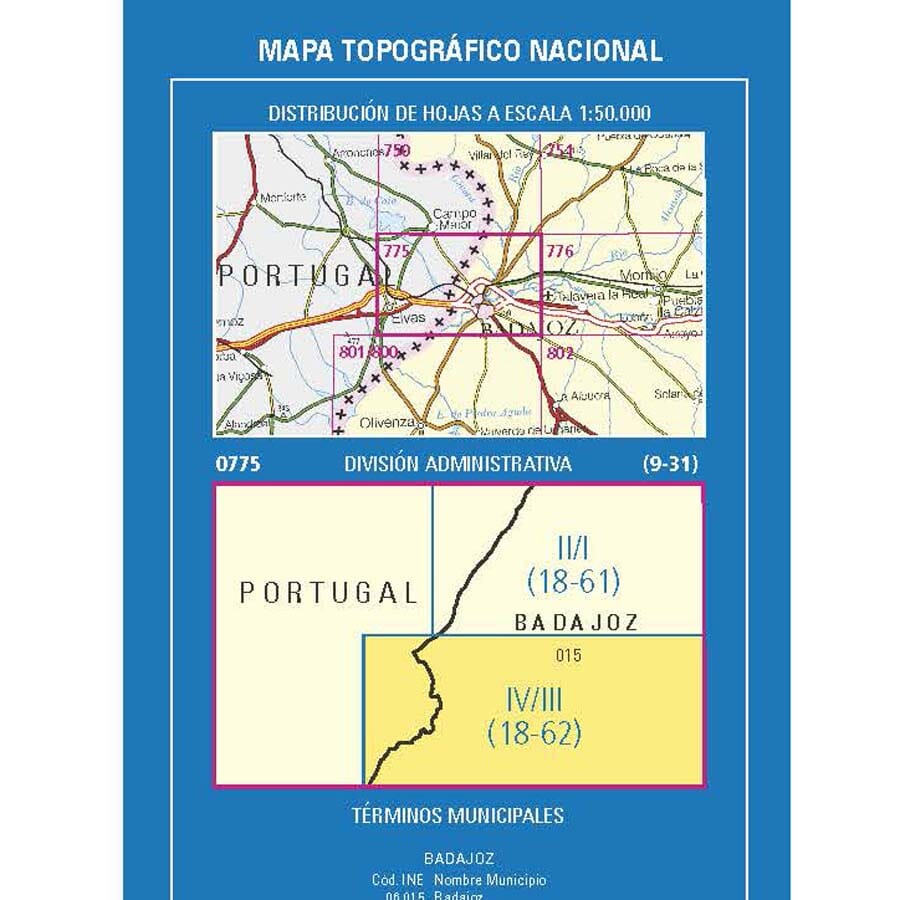 Carte topographique de l'Espagne n° 0775.4/0775.3 - Badajoz | CNIG - 1/25 000 carte de randonnée CNIG